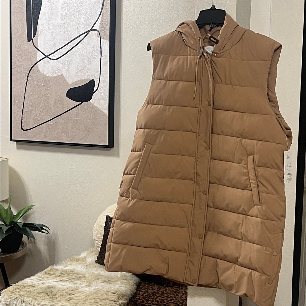 Long Hooded Puffer Vest, Camel Tan, Size XXL, NEW